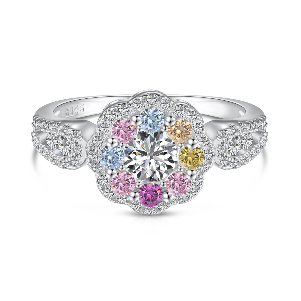 [Glimmer Jewelry]Delicate Colorful Round Cut Flower Shape Wedding Ring