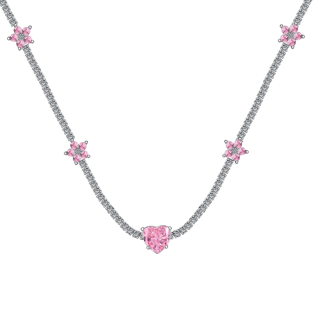 [Glimmer Jewelry]Dazzling Pink Heart Flower Necklace