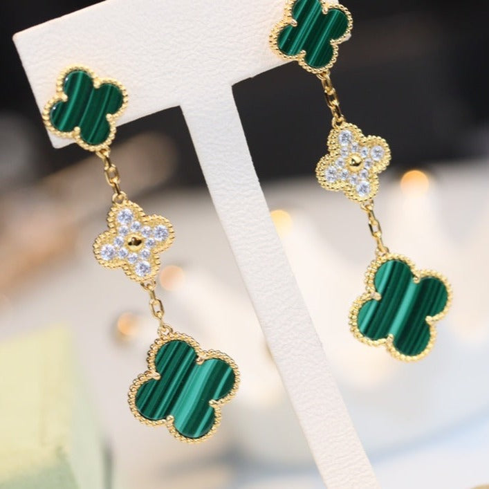 [Glimmer]CLOVER EARRINGS GOLD MALACHITE DIAMOND 3 MOTIF