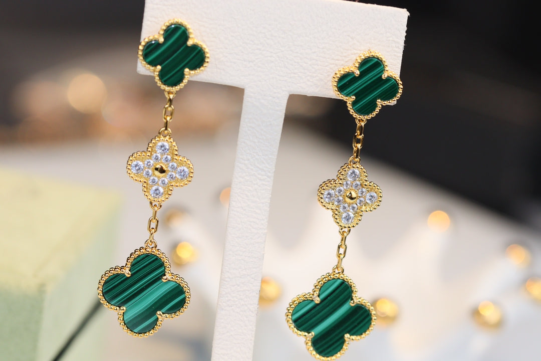 [Glimmer]CLOVER EARRINGS GOLD MALACHITE DIAMOND 3 MOTIF