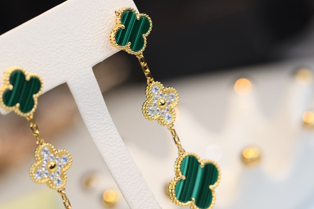 [Glimmer]CLOVER EARRINGS GOLD MALACHITE DIAMOND 3 MOTIF