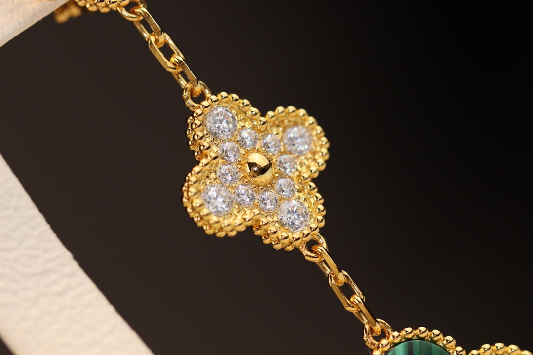 [Glimmer]CLOVER EARRINGS GOLD MALACHITE DIAMOND 3 MOTIF