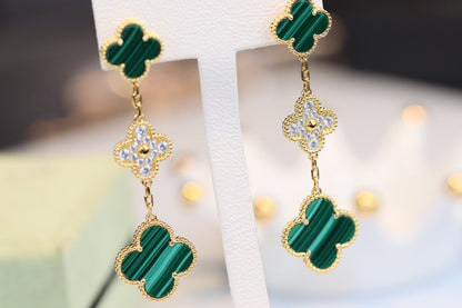 [Glimmer]CLOVER EARRINGS GOLD MALACHITE DIAMOND 3 MOTIF