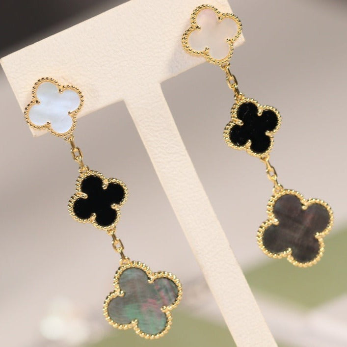 [Glimmer]CLOVER EARRINGS GOLD ONYX MOP 3 MOTIF