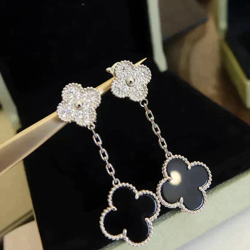 [Glimmer]CLOVER 2 MOTIFS  DIAMOND ONYX EARRINGS SILVER