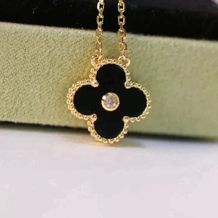 [Glimmer]CLOVER 15MM DIAMOND ONYX NECKLACE