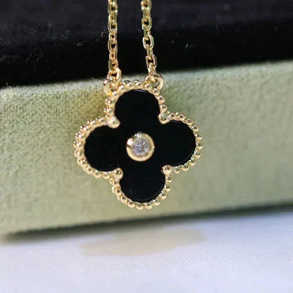 [Glimmer]CLOVER 15MM DIAMOND ONYX NECKLACE
