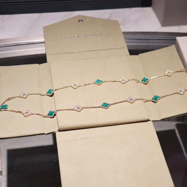 [Glimmer]CLOVER 20 MOTIFS MALACHITE DIAMOND NECKLACE