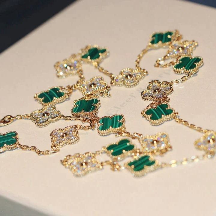 [Glimmer]CLOVER 20 MOTIFS MALACHITE DIAMOND NECKLACE