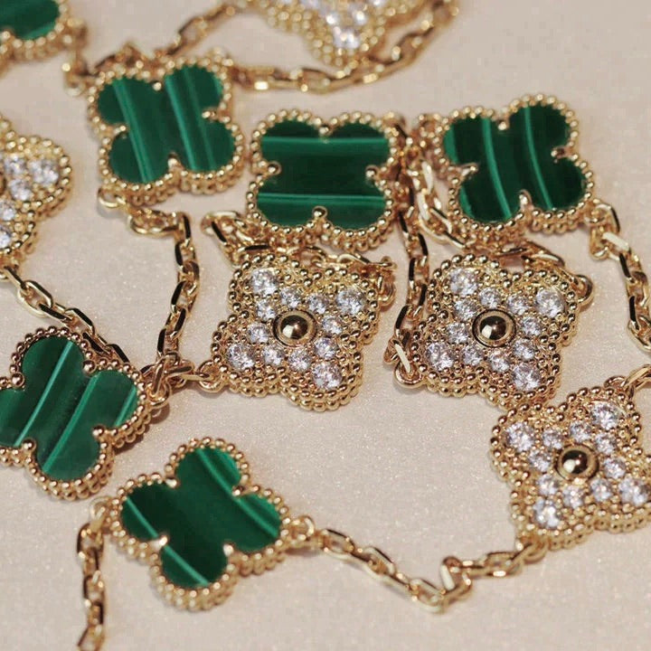[Glimmer]CLOVER 20 MOTIFS MALACHITE DIAMOND NECKLACE