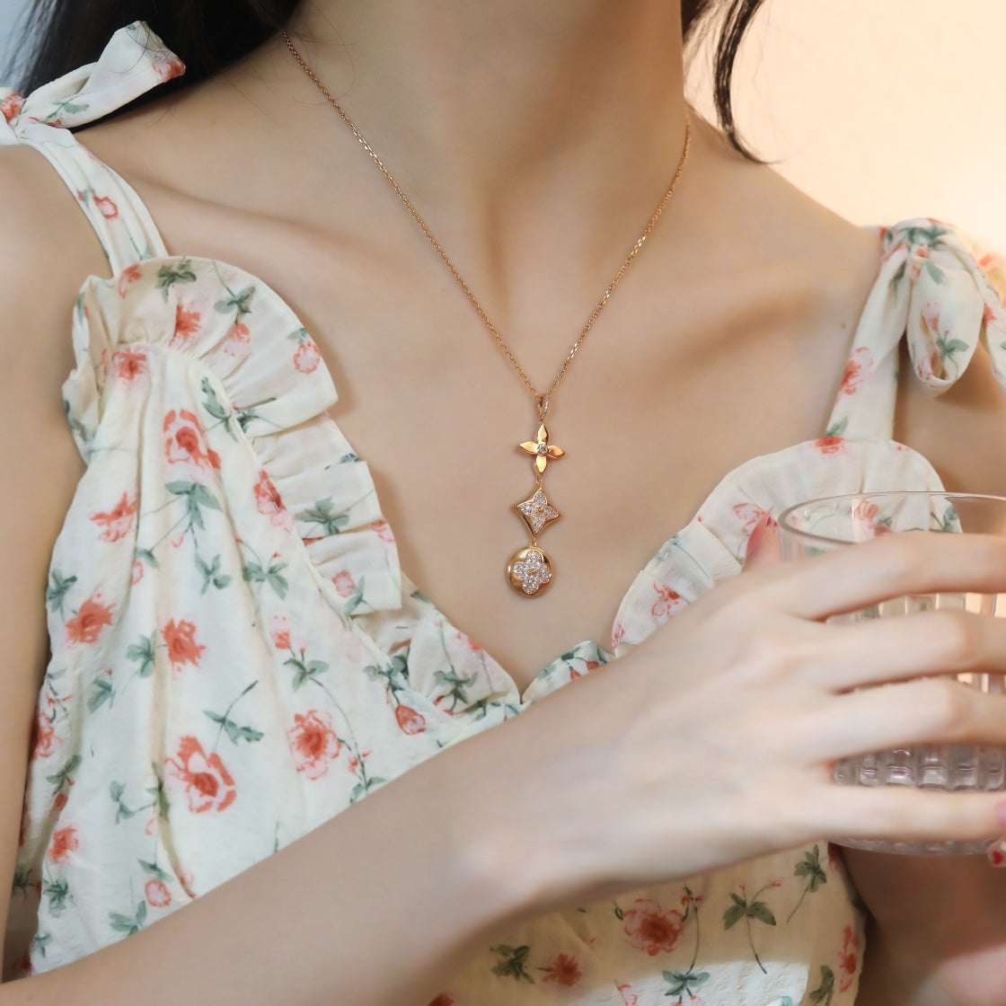 [Glimmer]STAR AND SUN DIAMOND PINK GOLD NECKLACE