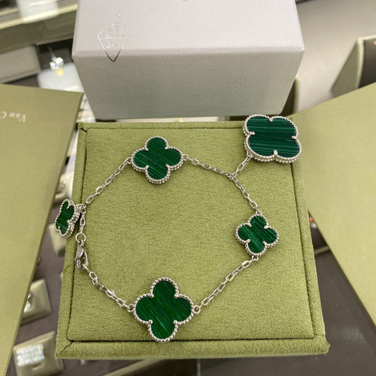 [Glimmer]CLOVER 5 MOTIFS SIVLER MALACHITE BRACELET