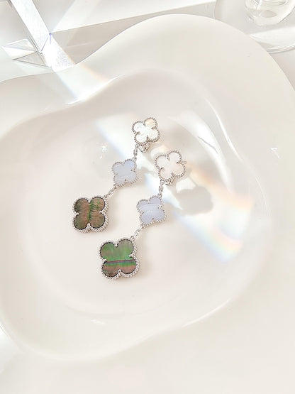 [Glimmer]CLOVER 3 MOTIFS CHALCEDONY DARK MOP SILVER EARRINGS
