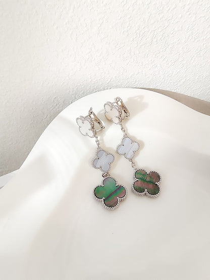 [Glimmer]CLOVER 3 MOTIFS CHALCEDONY DARK MOP SILVER EARRINGS
