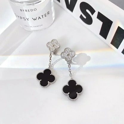 [Glimmer]CLOVER 2 MOTIFS  DIAMOND ONYX EARRINGS SILVER