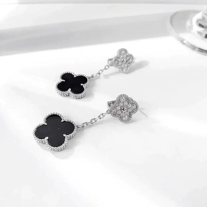 [Glimmer]CLOVER 2 MOTIFS  DIAMOND ONYX EARRINGS SILVER