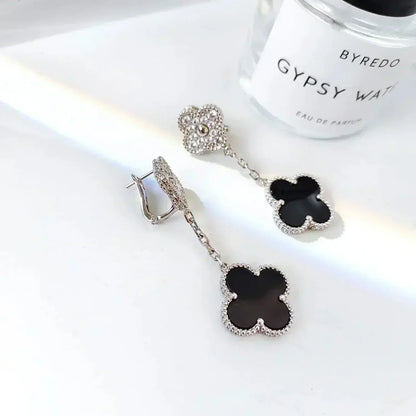 [Glimmer]CLOVER 2 MOTIFS  DIAMOND ONYX EARRINGS SILVER
