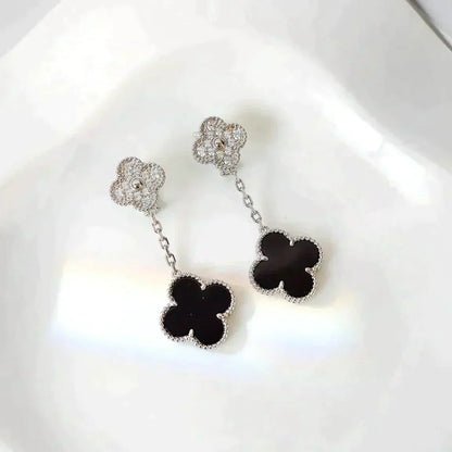 [Glimmer]CLOVER 2 MOTIFS  DIAMOND ONYX EARRINGS SILVER