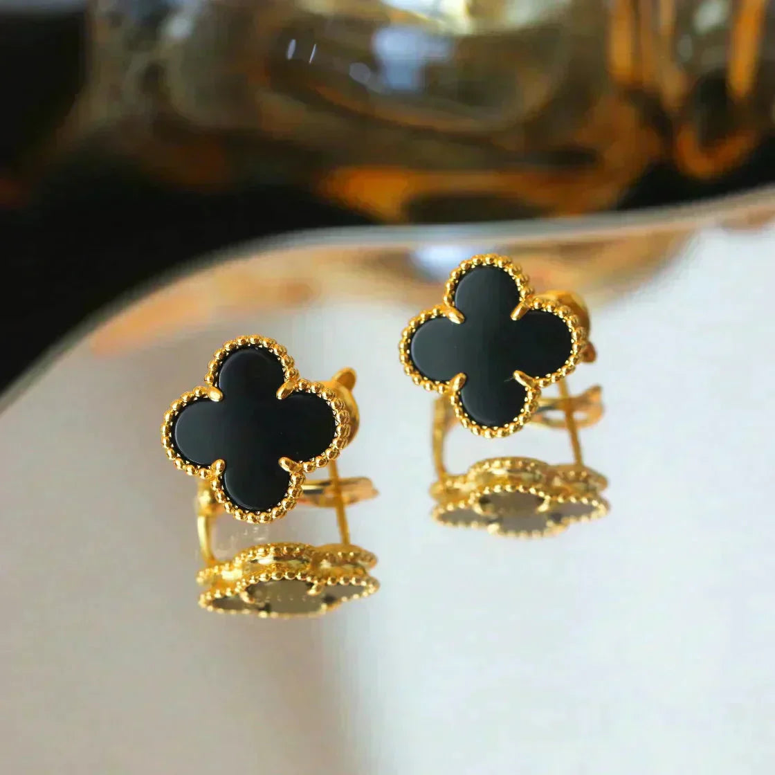 [Glimmer]CLOVER MEDIUM 1 MOTIFS  ONYX STUD EARRINGS