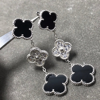 [Glimmer]CLOVER 3 MOTIF DIAMOND ONYX SILVER EARRINGS
