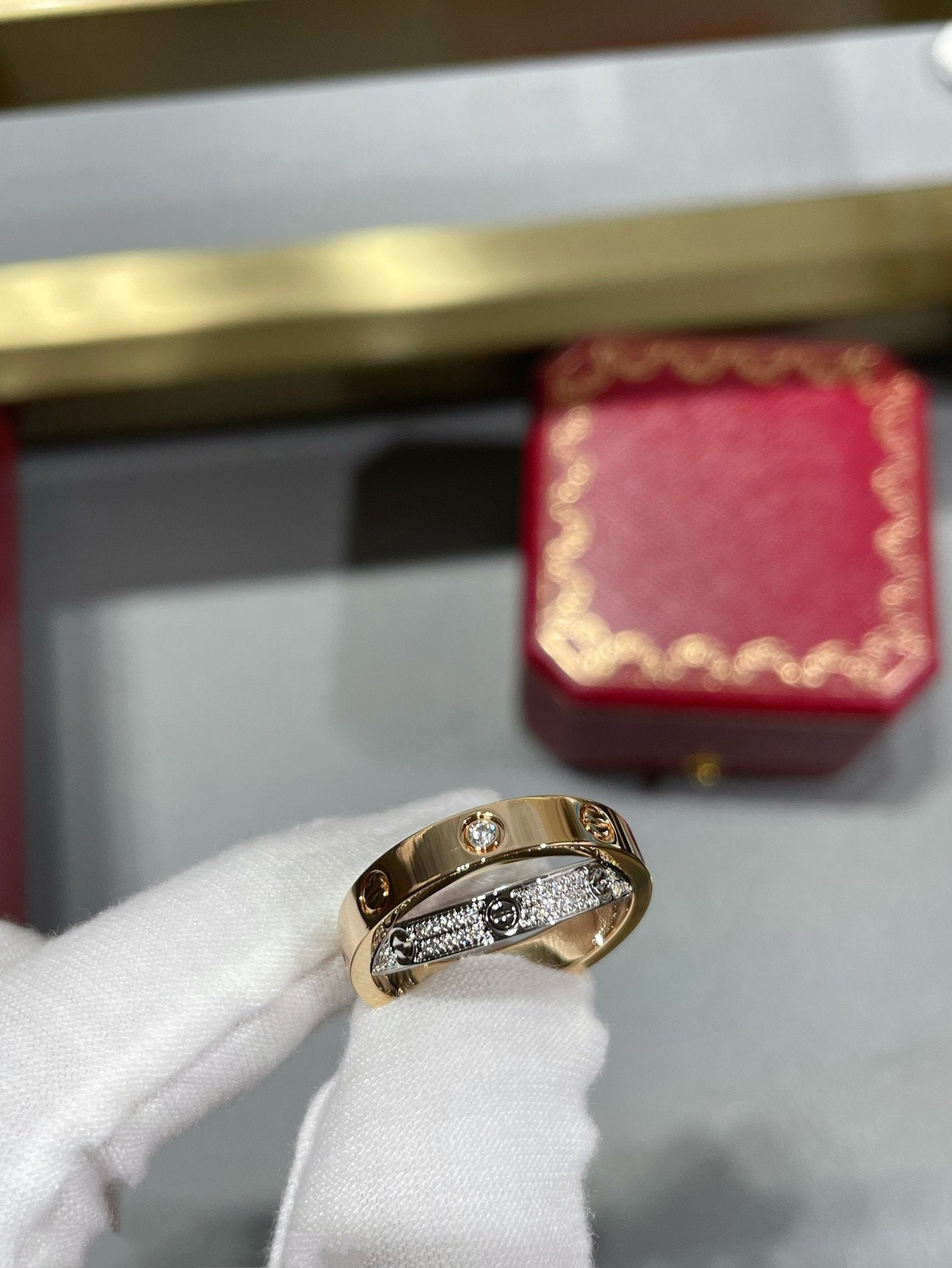 [Glimmer]LOVE PINK GOLD SILVER DIAMOND DOUBLE RING