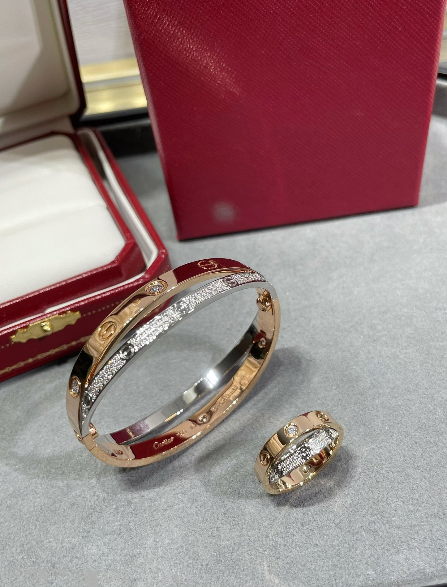 [Glimmer]LOVE PINK GOLD SILVER DIAMOND DOUBLE RING