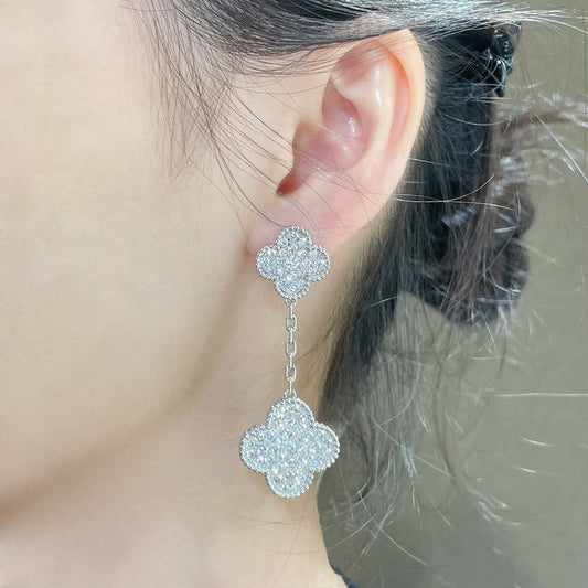 [Glimmer]CLOVER 2 MOTIFS DIAMOND PAVED SILVER EARRINGS