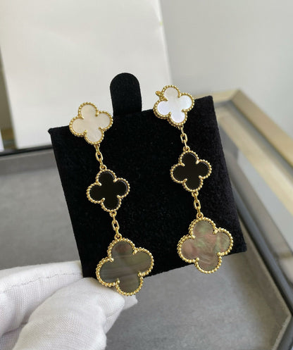 [Glimmer]CLOVER 3 MOTIF MOP ONYX DARK MOP PINK GOLD EARRINGS