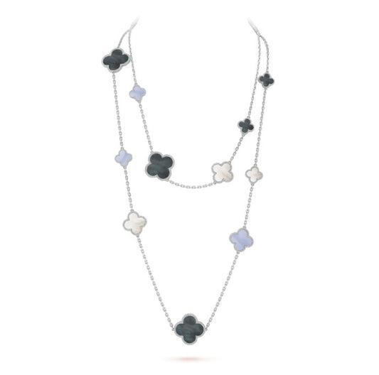 [Glimmer]CLOVER 16 MOTIF CHALCEDONY MOP SILVER NECKLACE