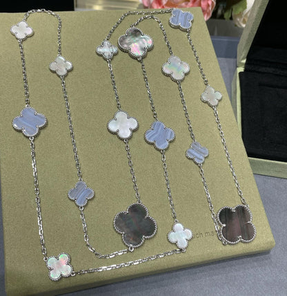 [Glimmer]クローバー 16モチーフ カルセドニー マザーオブパール シルバーネックレス