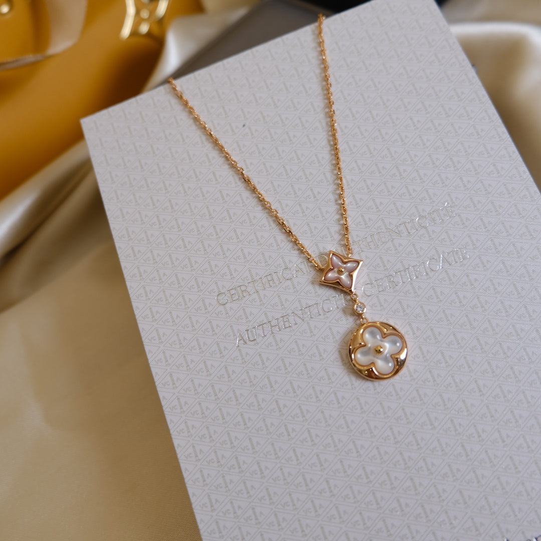 [Glimmer]STAR AND SUN WHITE MOP 2 MOTIF PINK GOLD NECKLACE
