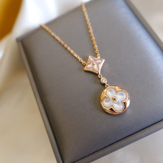 [Glimmer]STAR AND SUN WHITE MOP 2 MOTIF PINK GOLD NECKLACE