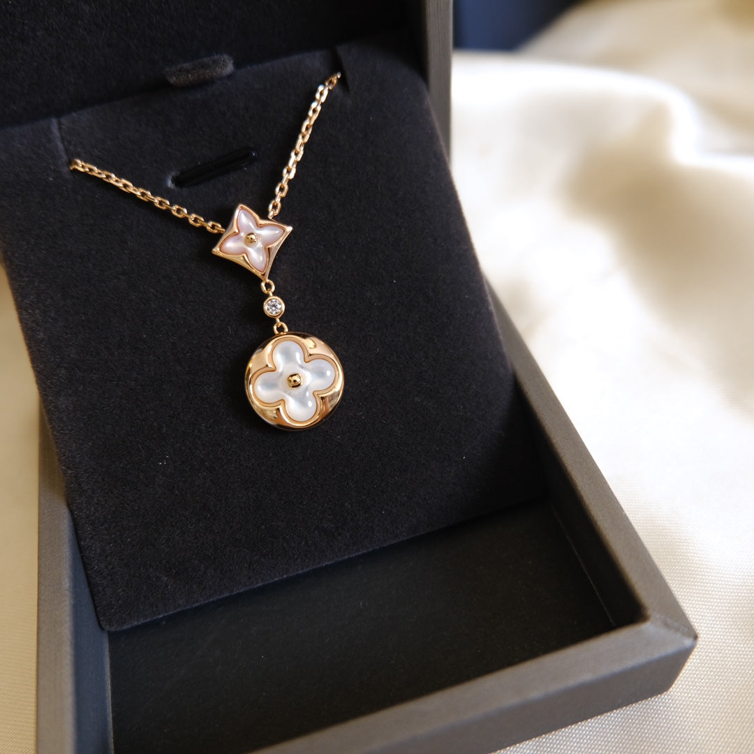[Glimmer]STAR AND SUN WHITE MOP 2 MOTIF PINK GOLD NECKLACE