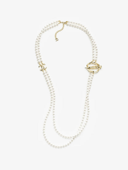 [Glimmer]25K Pencil Double C Double-Layer Pearl Sweater Chain