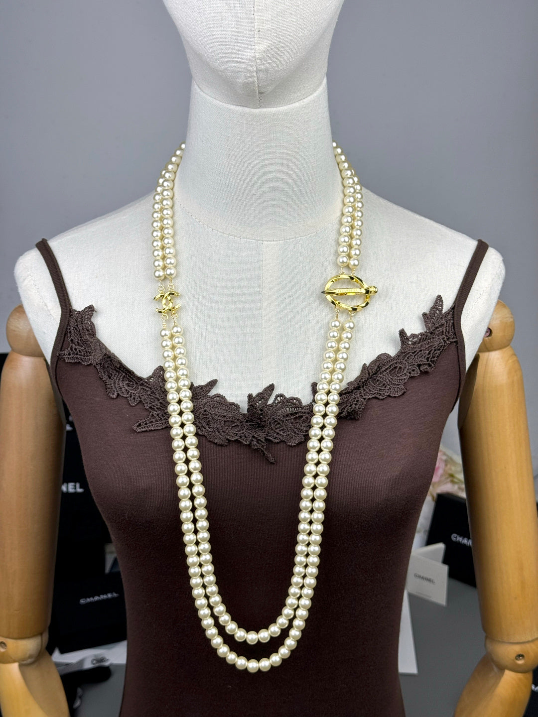 [Glimmer]25K Pencil Double C Double-Layer Pearl Sweater Chain