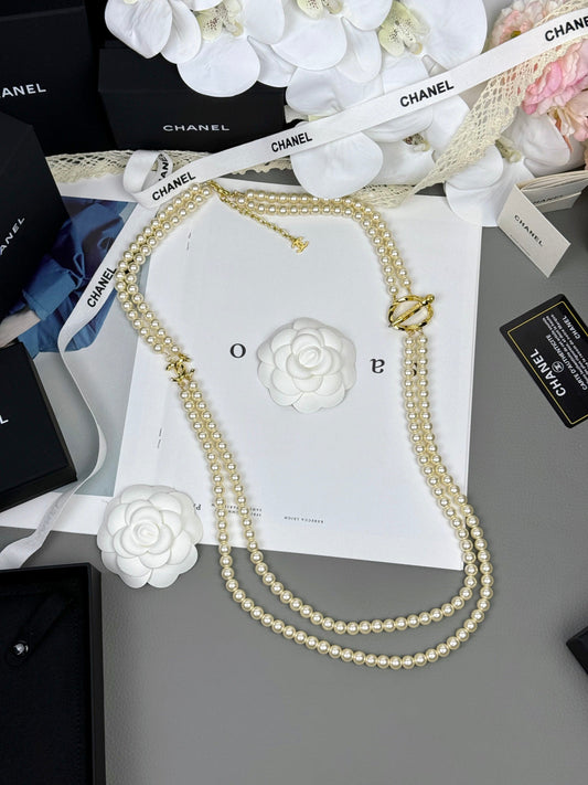 [Glimmer]25K Pencil Double C Double-Layer Pearl Sweater Chain