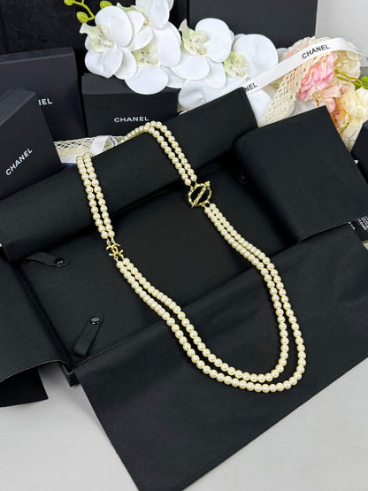 [Glimmer]25K Pencil Double C Double-Layer Pearl Sweater Chain
