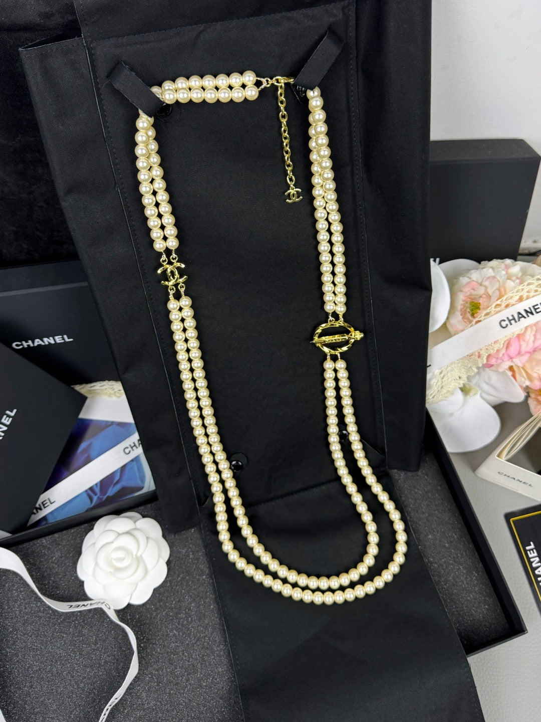 [Glimmer]25K Pencil Double C Double-Layer Pearl Sweater Chain