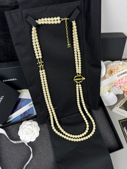 [Glimmer]25K Pencil Double C Double-Layer Pearl Sweater Chain