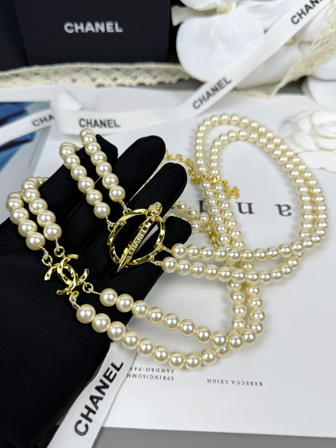 [Glimmer]25K Pencil Double C Double-Layer Pearl Sweater Chain