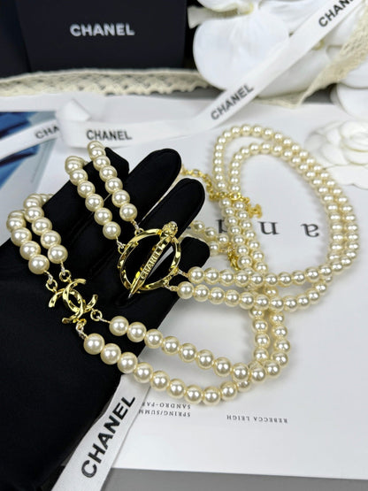 [Glimmer]25K Pencil Double C Double-Layer Pearl Sweater Chain