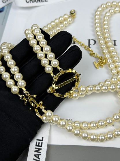 [Glimmer]25K Pencil Double C Double-Layer Pearl Sweater Chain