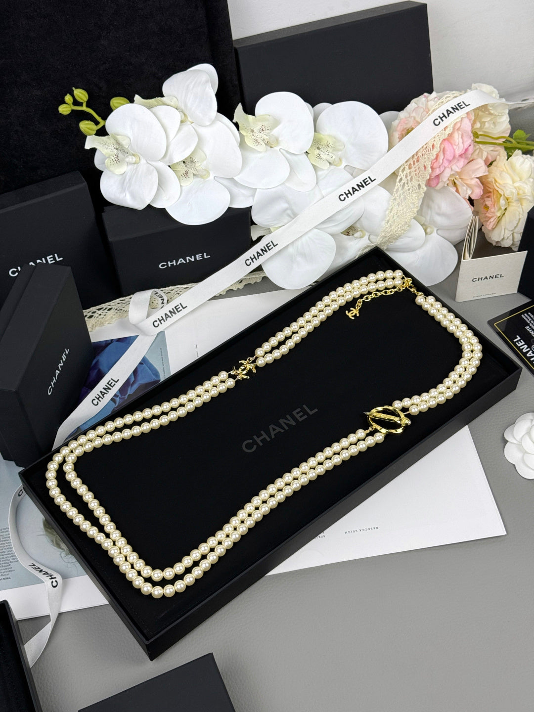 [Glimmer]25K Pencil Double C Double-Layer Pearl Sweater Chain