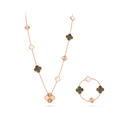 [Glimmer]DETACHABLE CLOVER 15(11+4) FLOWER SILVER NECKLACE SET