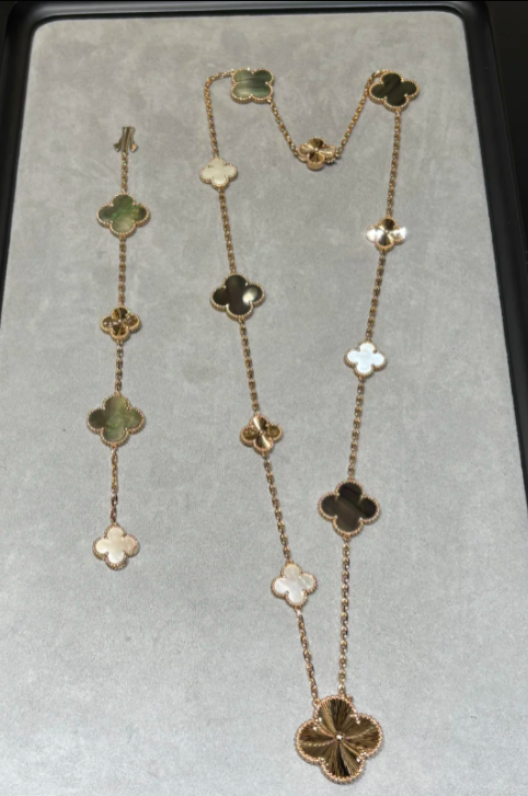 [Glimmer]DETACHABLE CLOVER 15(11+4) FLOWER SILVER NECKLACE SET