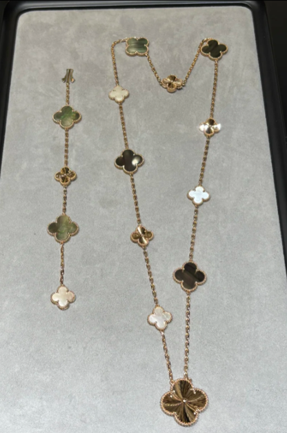 [Glimmer]DETACHABLE CLOVER 15(11+4) FLOWER SILVER NECKLACE SET