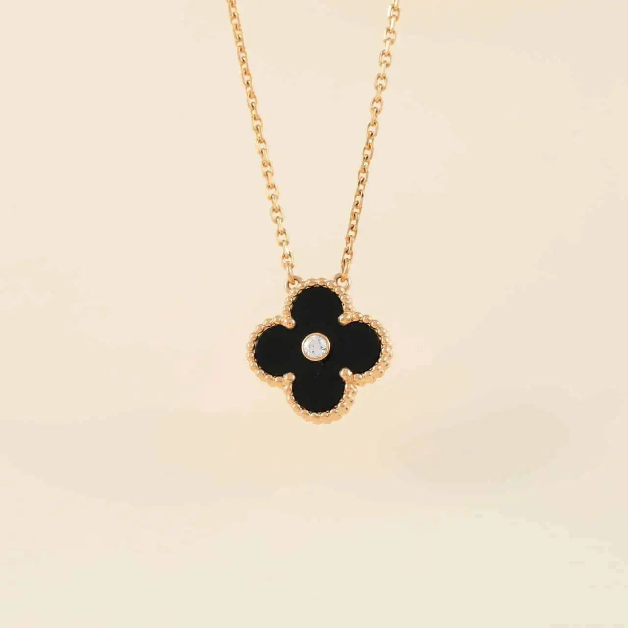 [Glimmer]CLOVER 15MM DIAMOND ONYX NECKLACE