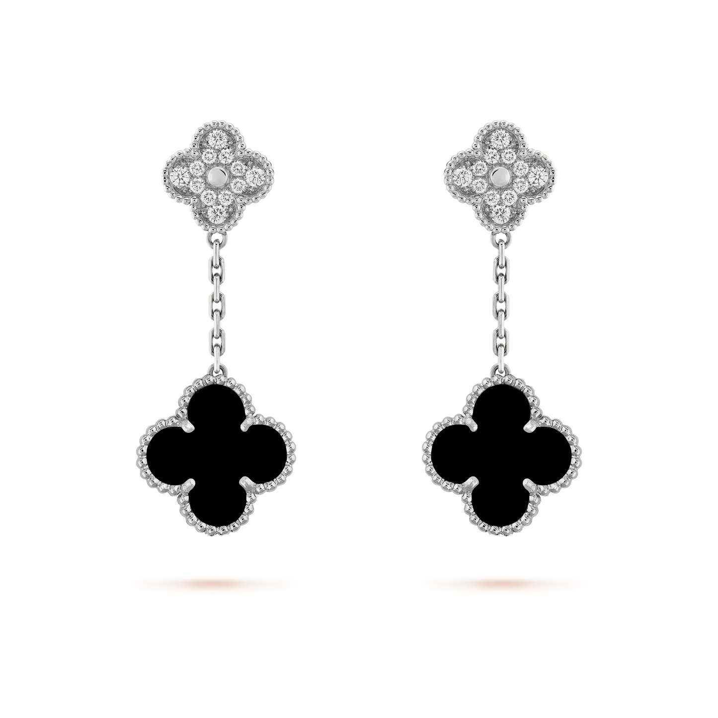 [Glimmer]CLOVER 2 MOTIFS  DIAMOND ONYX EARRINGS SILVER