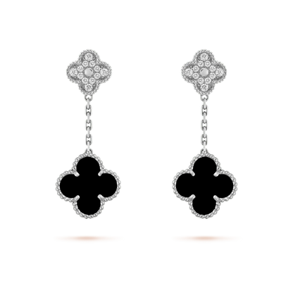 [Glimmer]CLOVER 2 MOTIFS  DIAMOND ONYX EARRINGS SILVER