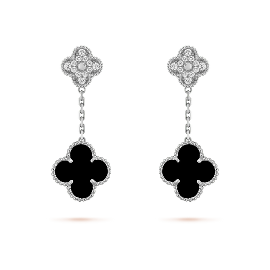 [Glimmer]CLOVER 2 MOTIFS  DIAMOND ONYX EARRINGS SILVER